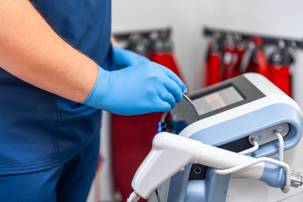 A person wearing blue gloves operates an electric machine, focused on their task in a work environment.